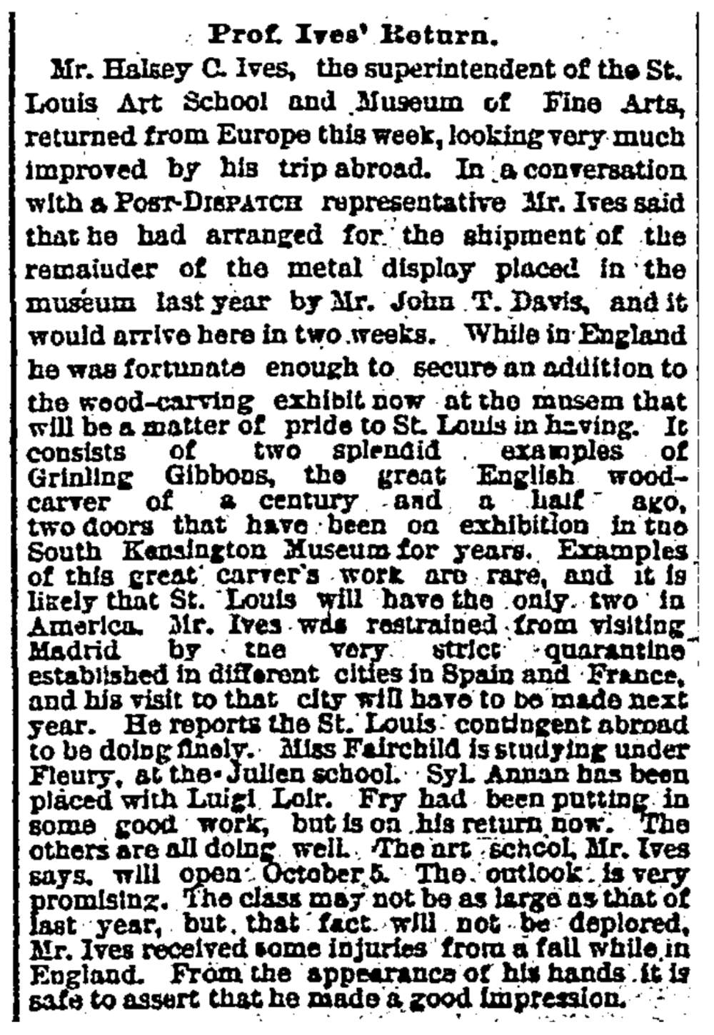 The article "Prof. Ives' Return" from the St. Louis Post-Dispatch